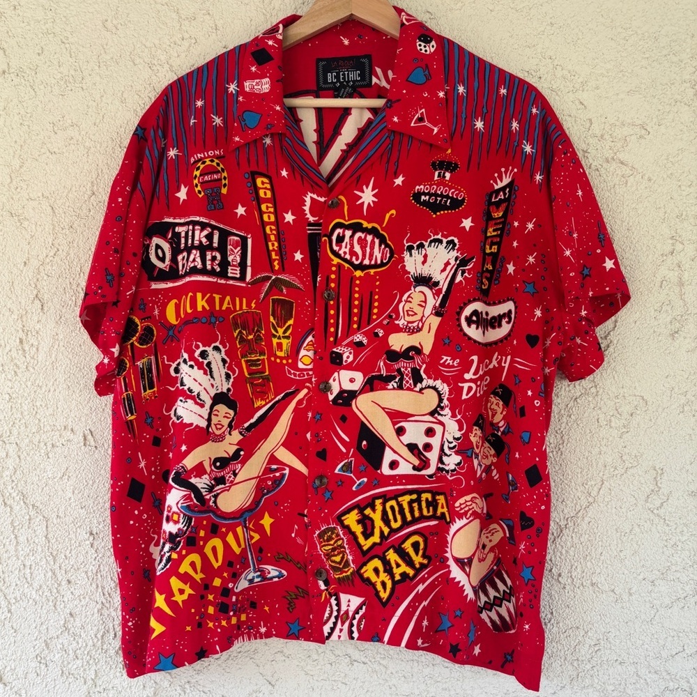 LA ROCKA by BC Ethic Las Vegas Pinup Burlesque Tiki Red Short Sleeve Shirt